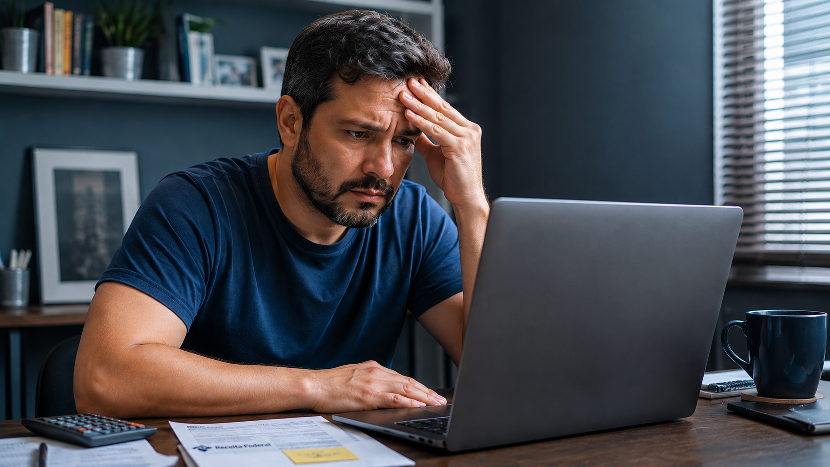 Contribuinte brasileiro verificando situação da malha fina no computador em casa