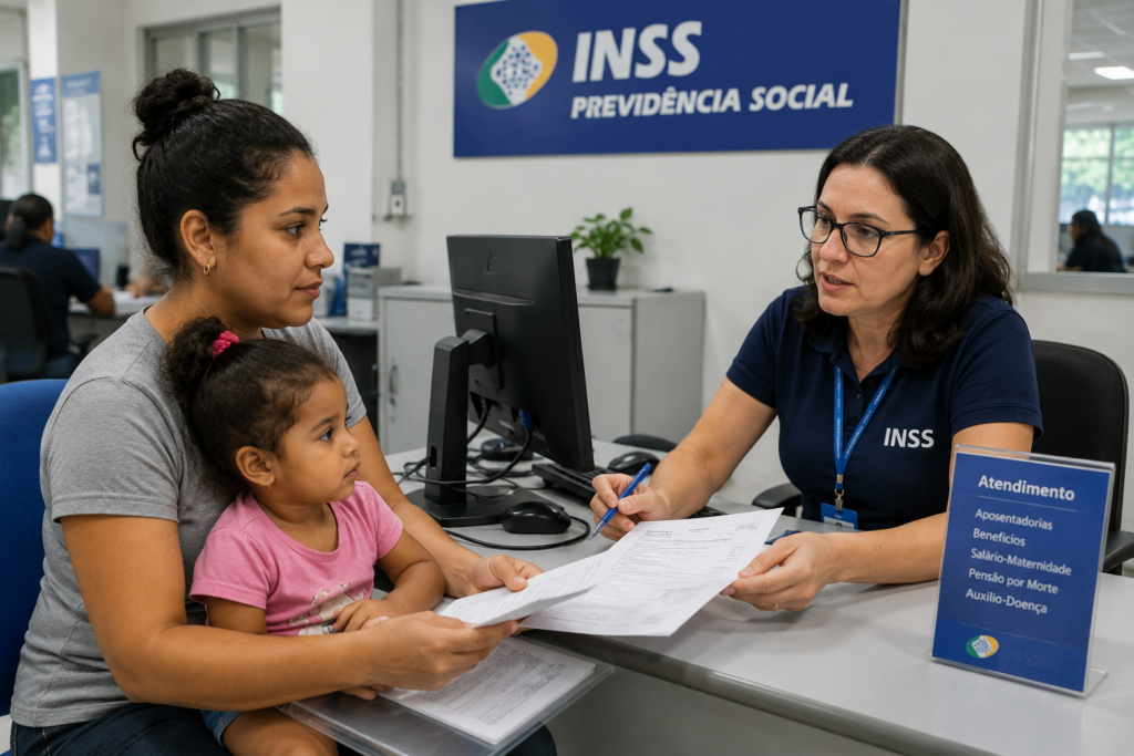 Dependente solicitando auxílio reclusão INSS em agência com documentação necessária