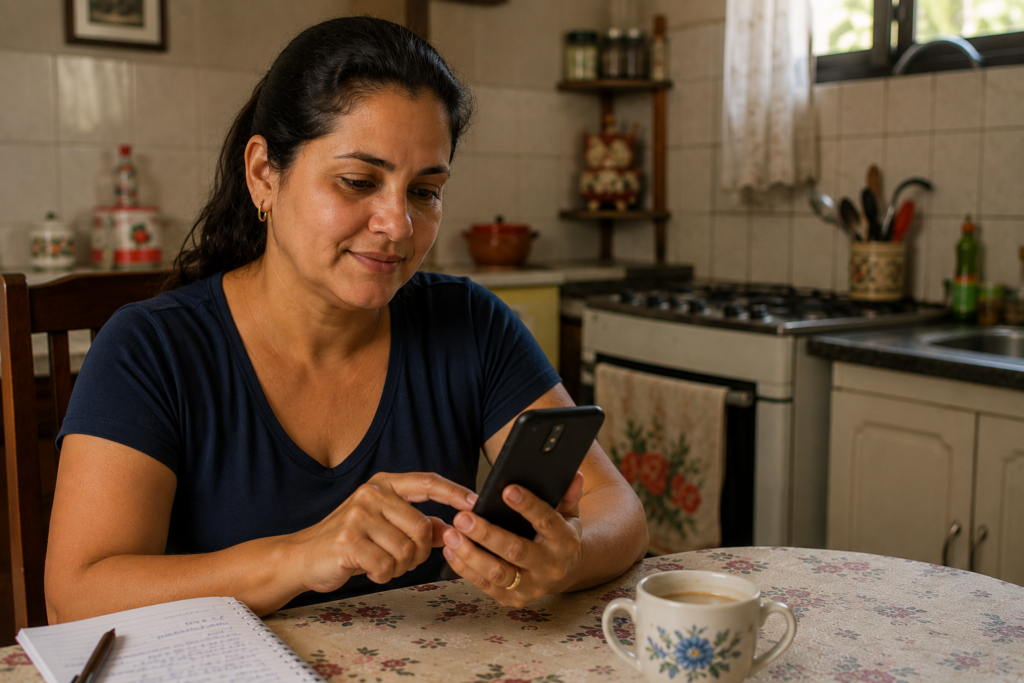 Dona de casa brasileira consultando contribuição facultativa INSS pelo celular