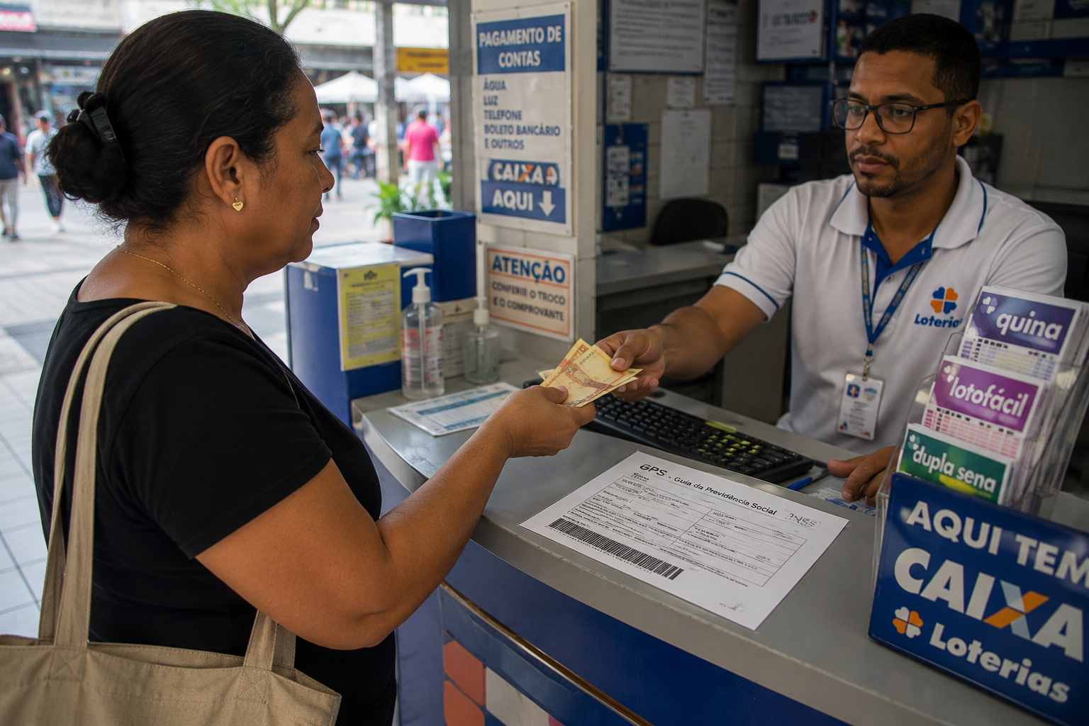 Dona de casa pagando contribuição facultativa INSS em lotérica com carnê GPS