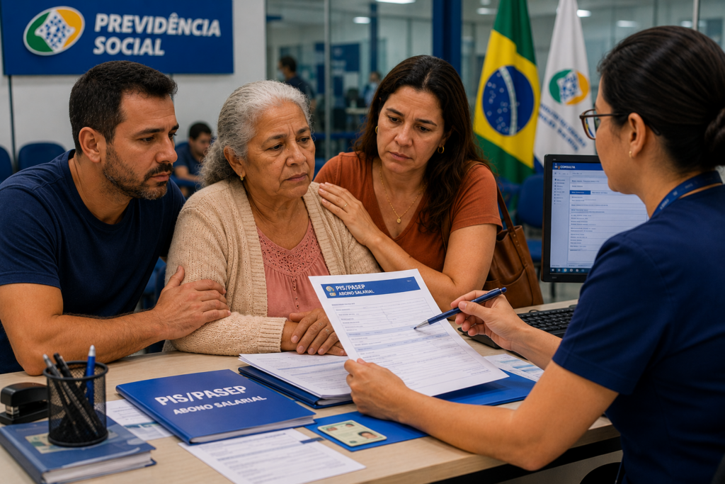 Família solicitando pensão por morte INSS 2026 em agência do governo