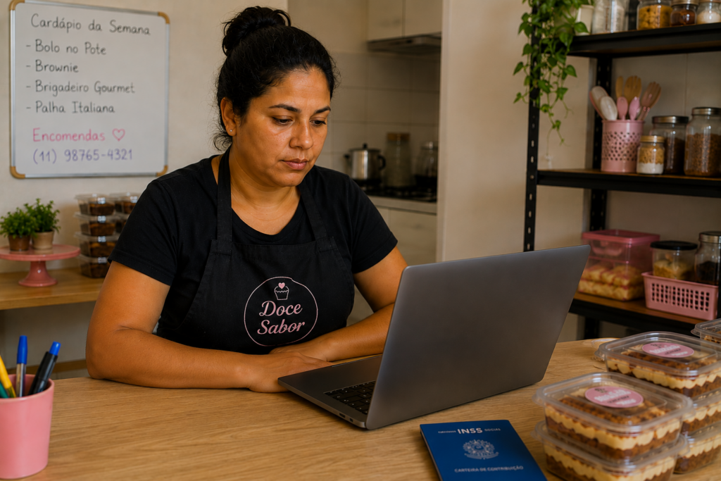 MEI brasileira consultando benefícios INSS no computador em casa