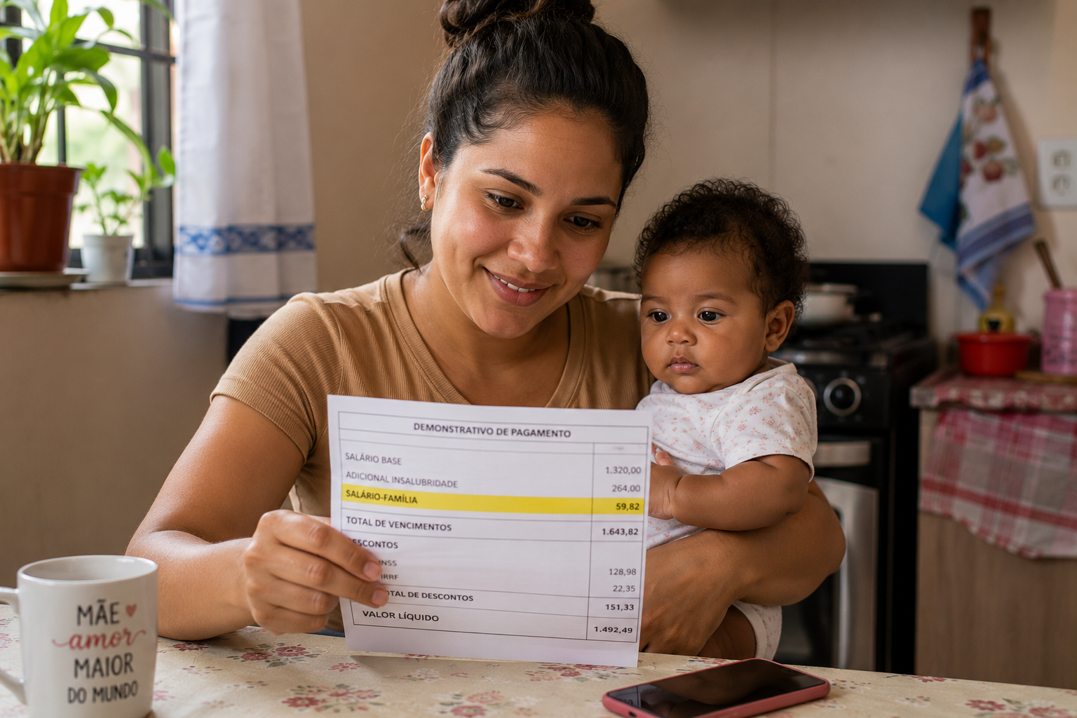 Mãe brasileira verificando salário família INSS no holerite com bebê no colo