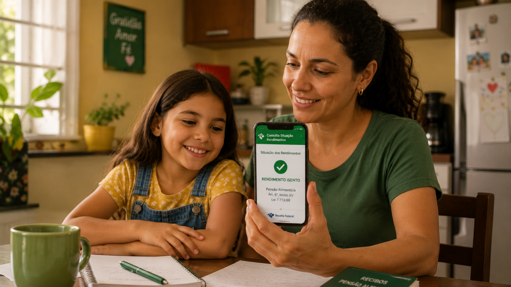 Mãe verificando declaração de pensão alimentícia isenta no IR pelo celular