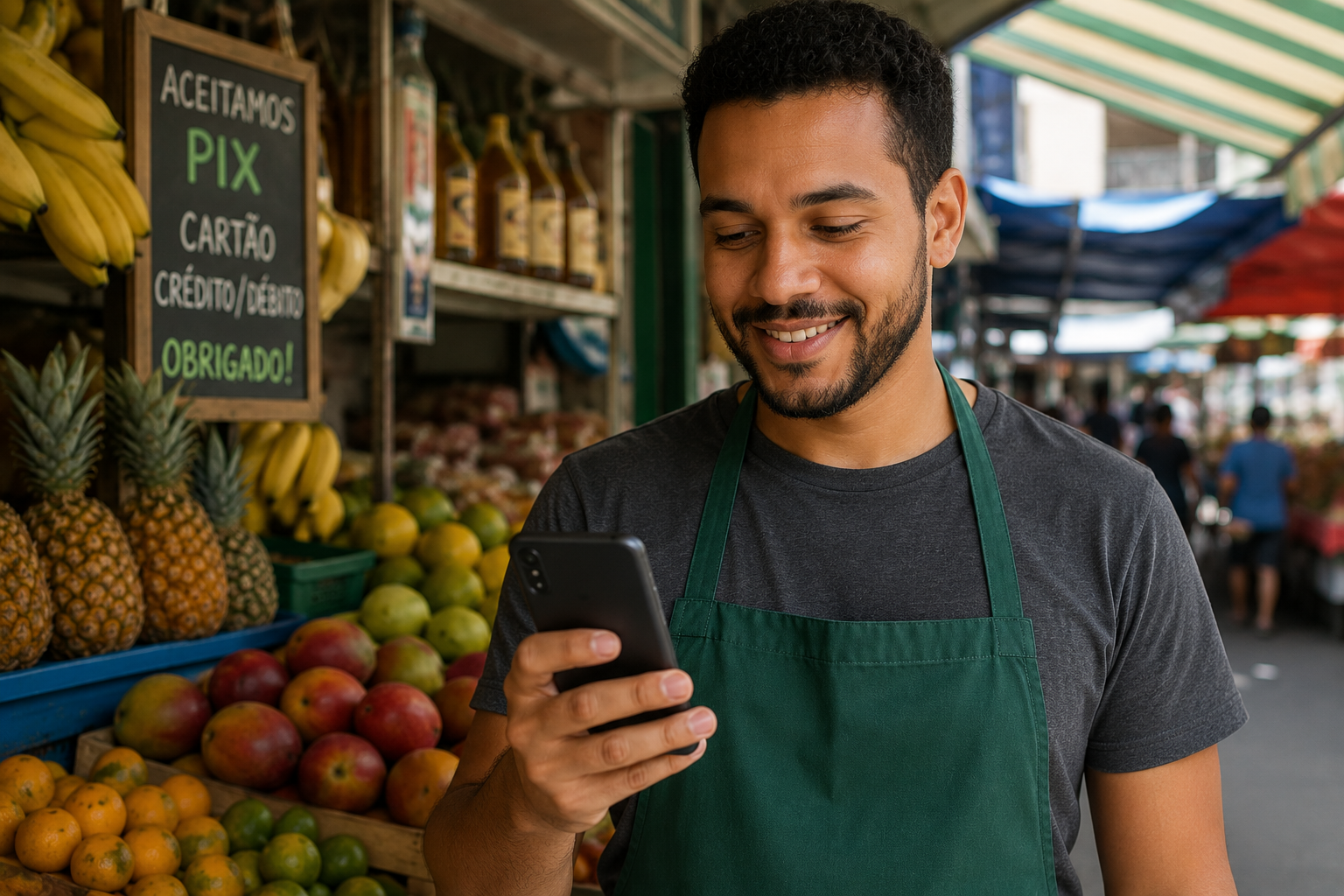 Microempreendedor individual verificando contribuição INSS MEI pelo celular na feira
