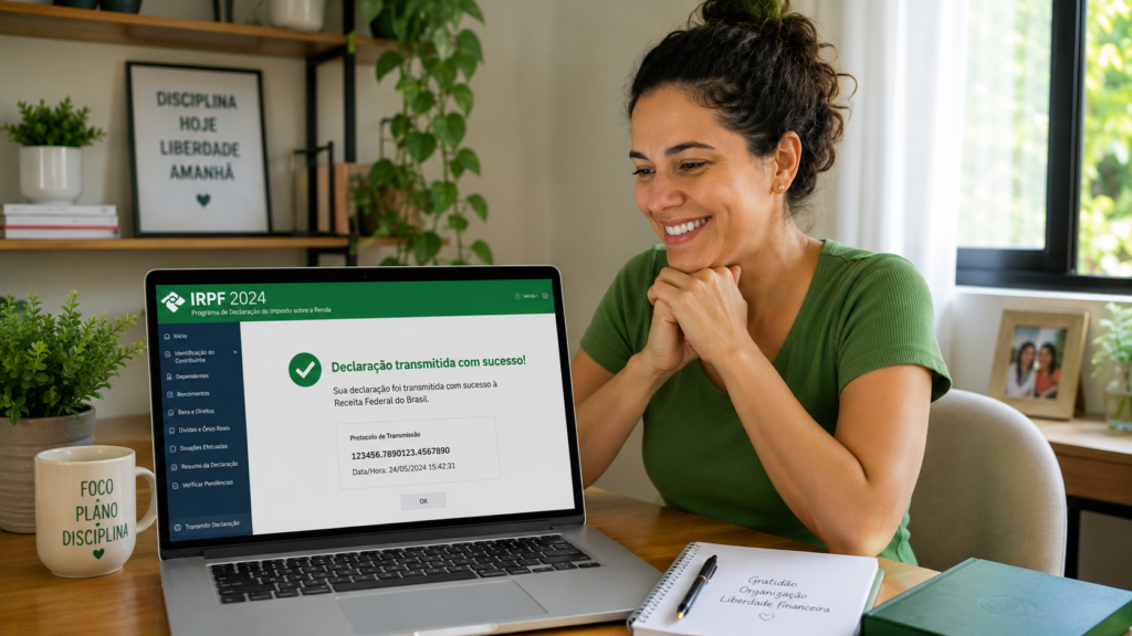 Mulher brasileira aliviada após enviar retificação do IR com sucesso