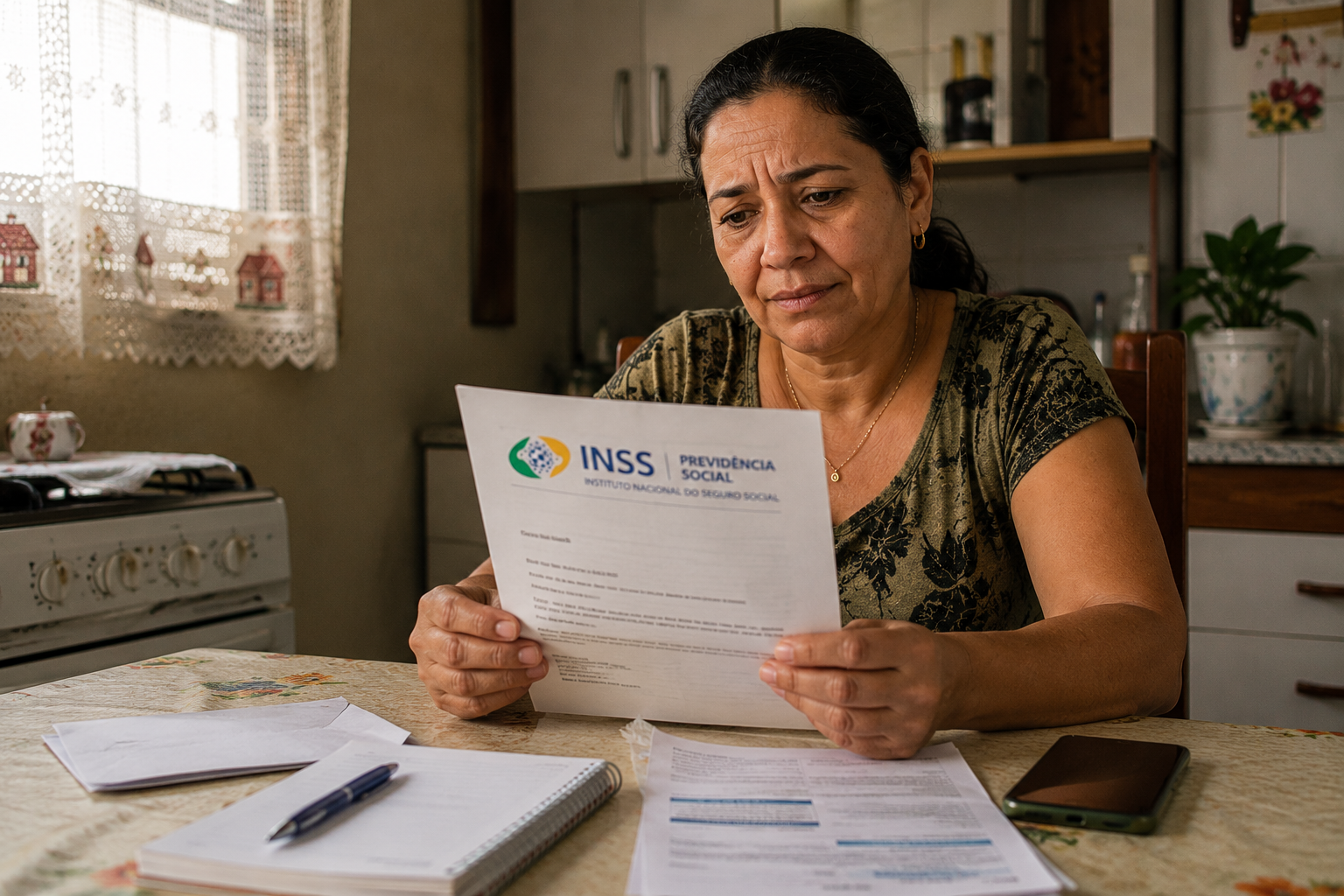 Mulher brasileira analisando documentos da pensão por morte INSS em casa