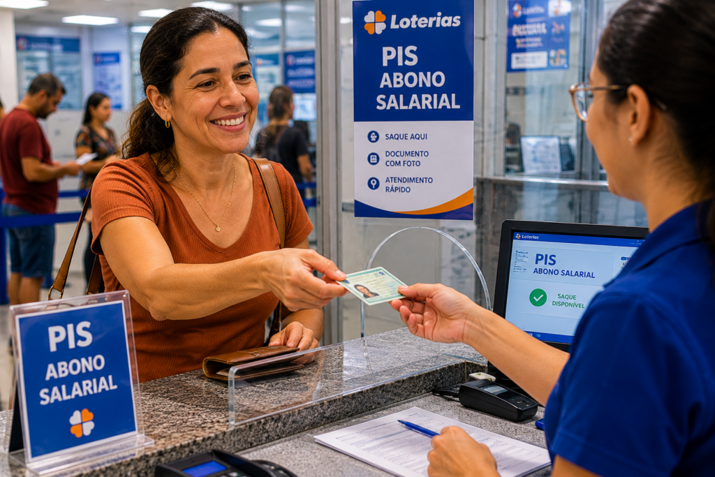 Mulher sacando abono salarial PIS PASEP 2026 em lotérica com documento de identidade