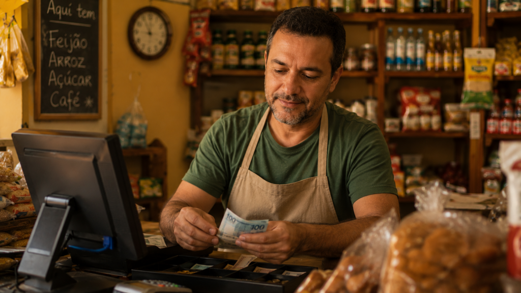 Pequeno empreendedor com nome sujo investindo microcrédito no negócio para crescer