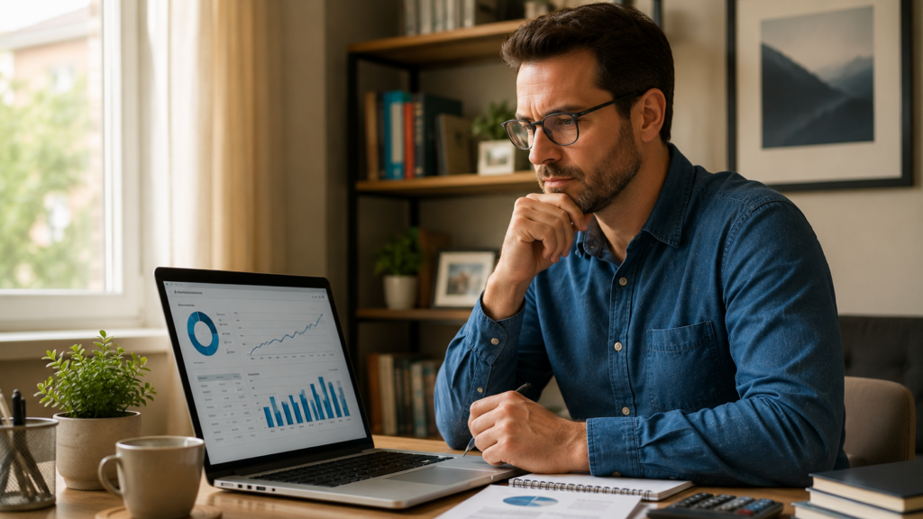 Pessoa analisando como funciona o cálculo do score de crédito e o que afeta a nota