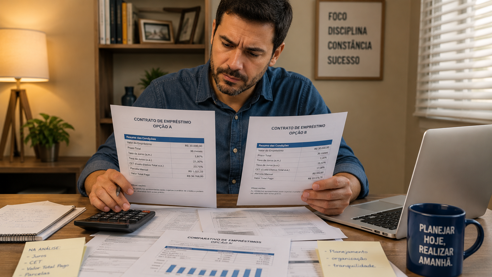 Pessoa comparando contratos para decidir sobre refinanciamento de dívida