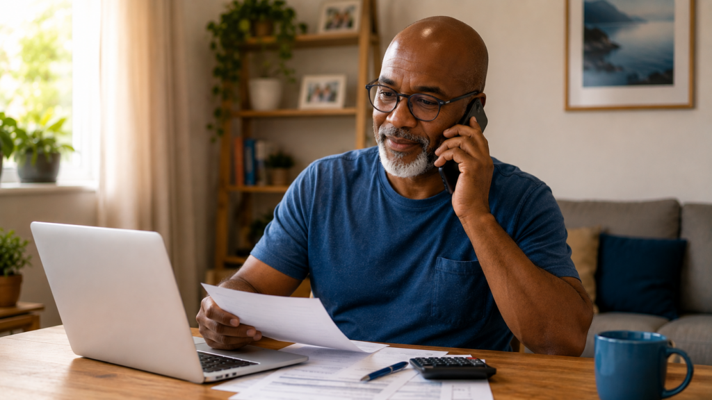Pessoa negociando dívida com o banco por telefone de forma estratégica e tranquila