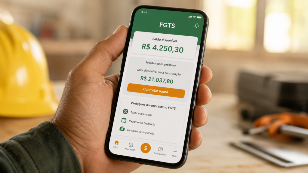 Tela do app FGTS mostrando valor disponível para empréstimo FGTS