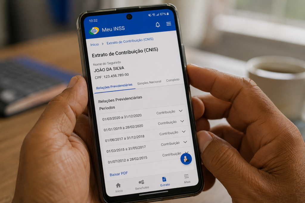 Tela do app Meu INSS mostrando extrato de contribuições INSS no celular