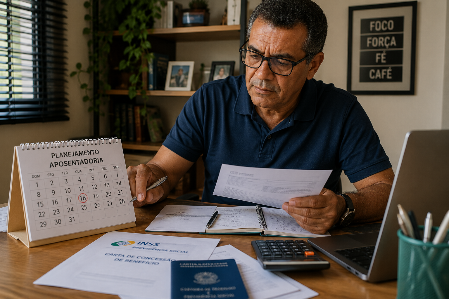 Trabalhador brasileiro calculando aposentadoria pelas regras de transição com documentos do INSS