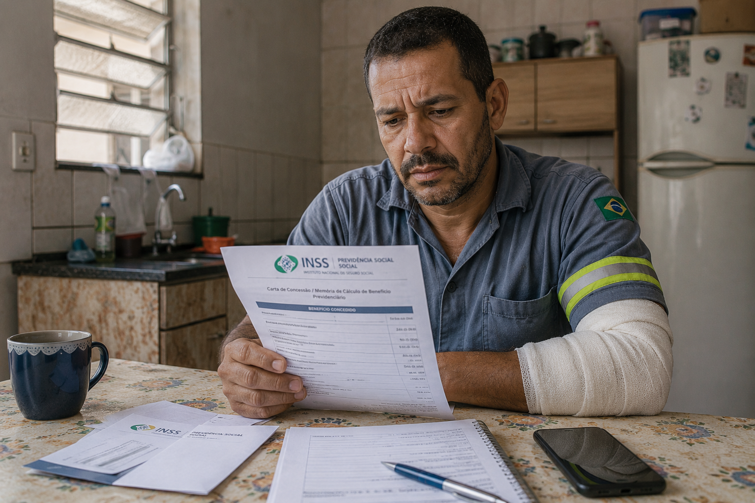 Trabalhador brasileiro com sequela de acidente revisando documentos do auxílio acidente INSS 2026