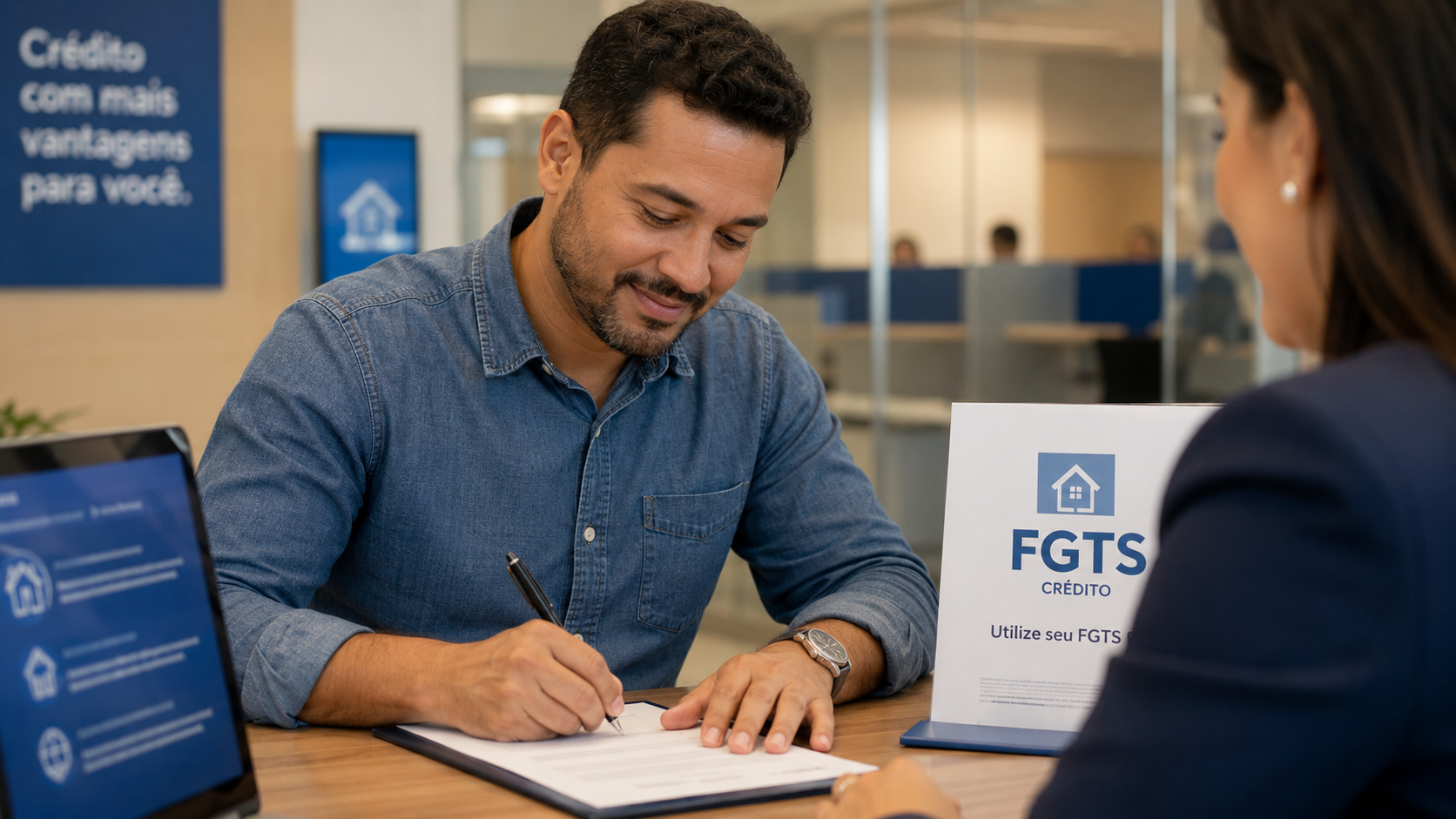 Trabalhador contratando empréstimo com garantia do FGTS no banco