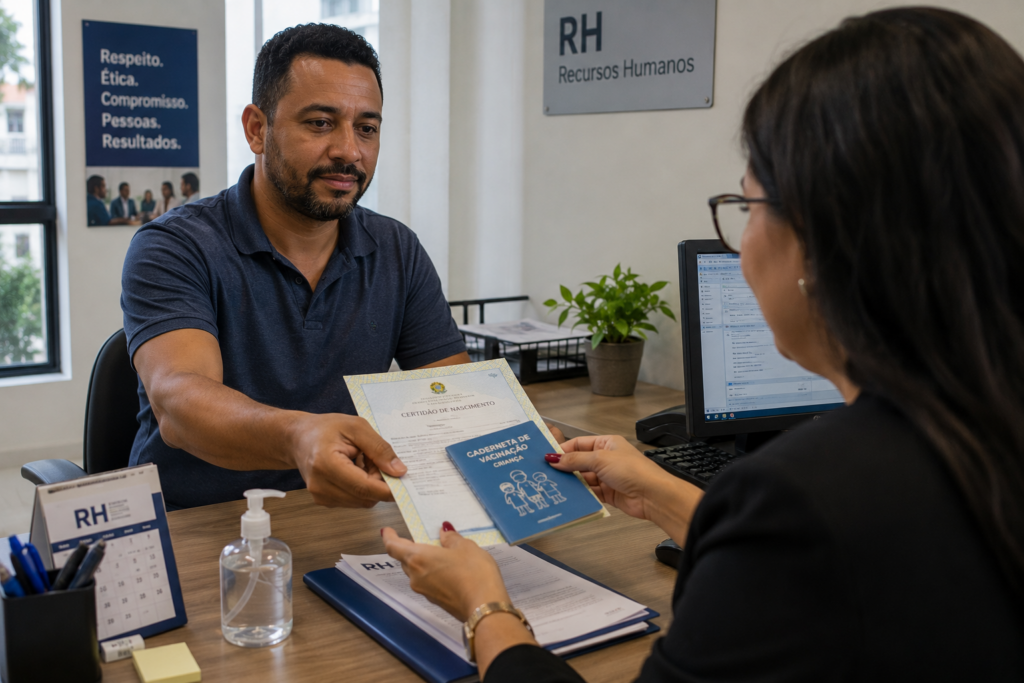 Trabalhador entregando documentos para solicitar salário família INSS no RH da empresa