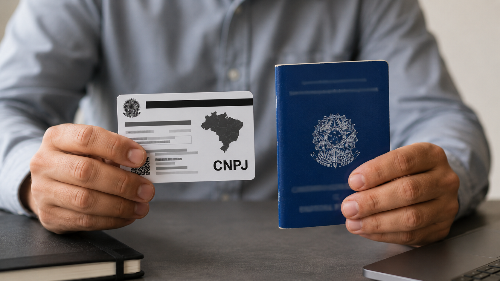 cartão de CNPJ do MEI e carteira de trabalho representando dúvida sobre FGTS