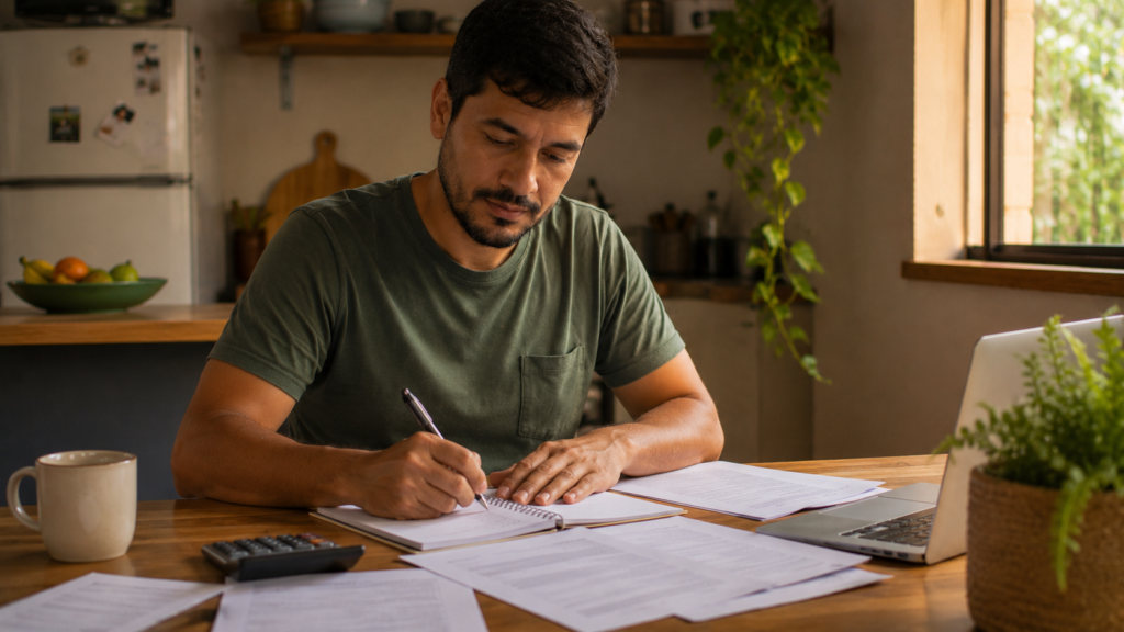 pessoa montando plano para sair das dívidas com papel e caneta