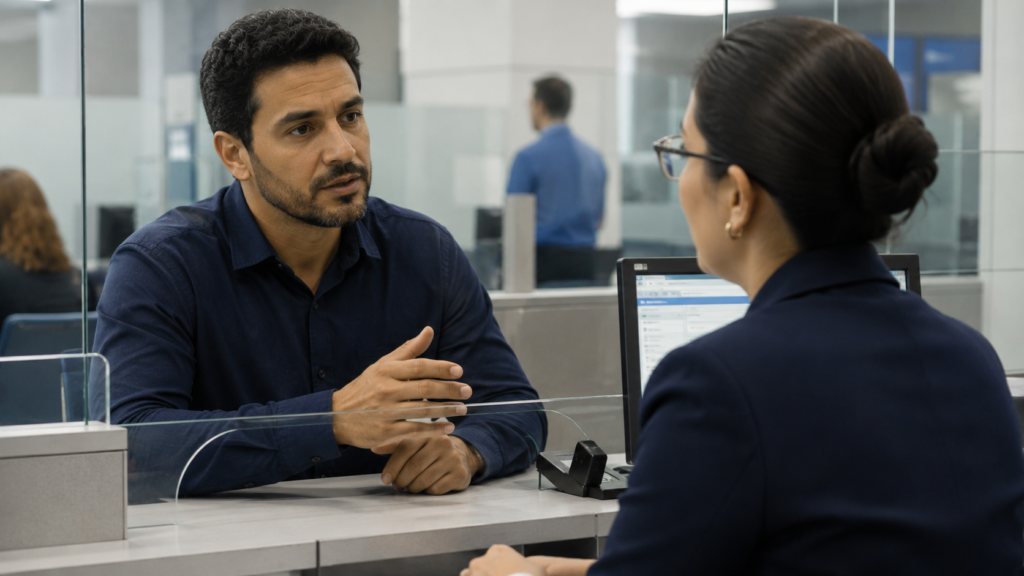 pessoa no banco resolvendo situação de cheque sem fundo devolvido