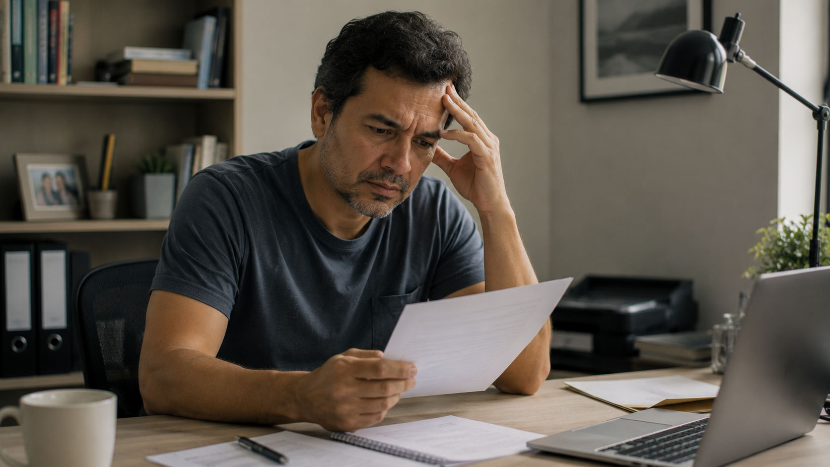 pessoa preocupada lendo notificação de penhora de salário por dívida