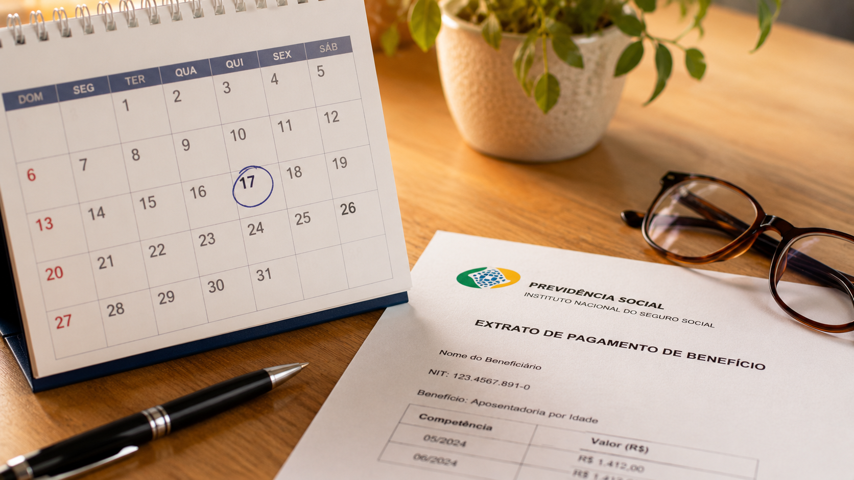 Calendário com data da revisão do BPC marcada ao lado de documento do INSS