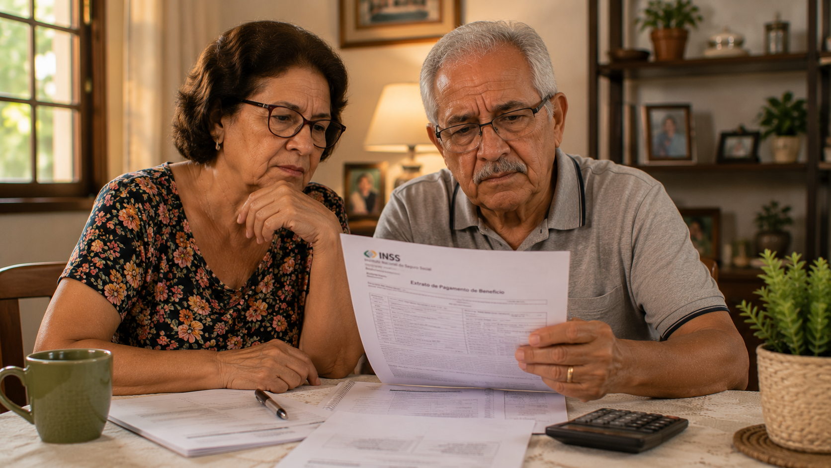 Casal de idosos analisando documentos do BPC e da aposentadoria juntos em casa