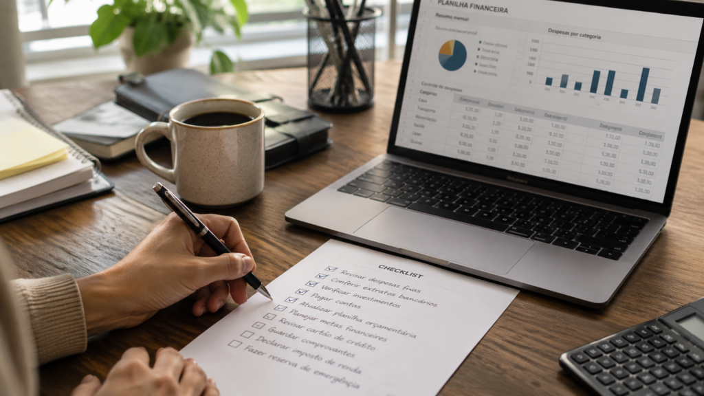 Checklist financeiro ao lado de notebook com planilha de controle de gastos em mesa organizada