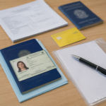 Documentos necessários para o CadÚnico organizados sobre uma mesa, incluindo documento de identificação, formulários e cartões