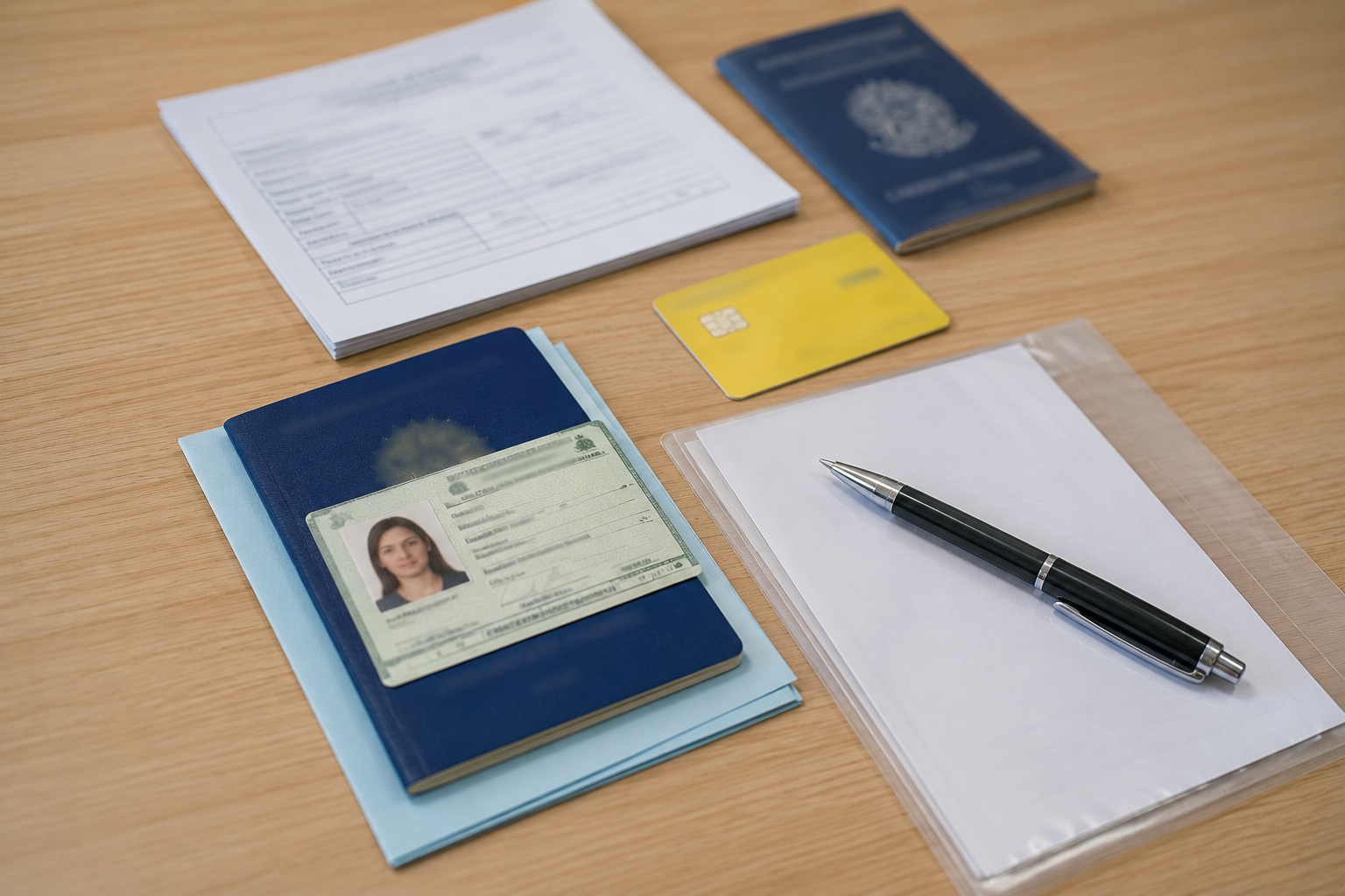 Documentos necessários para o CadÚnico organizados sobre uma mesa, incluindo documento de identificação, formulários e cartões