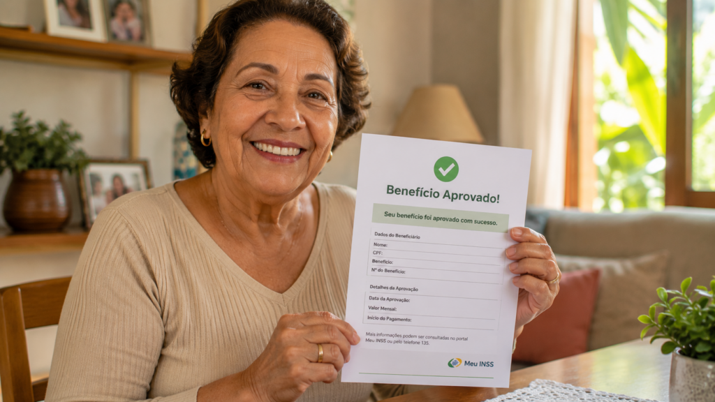 Idosa sorrindo segurando documento de aprovação do BPC