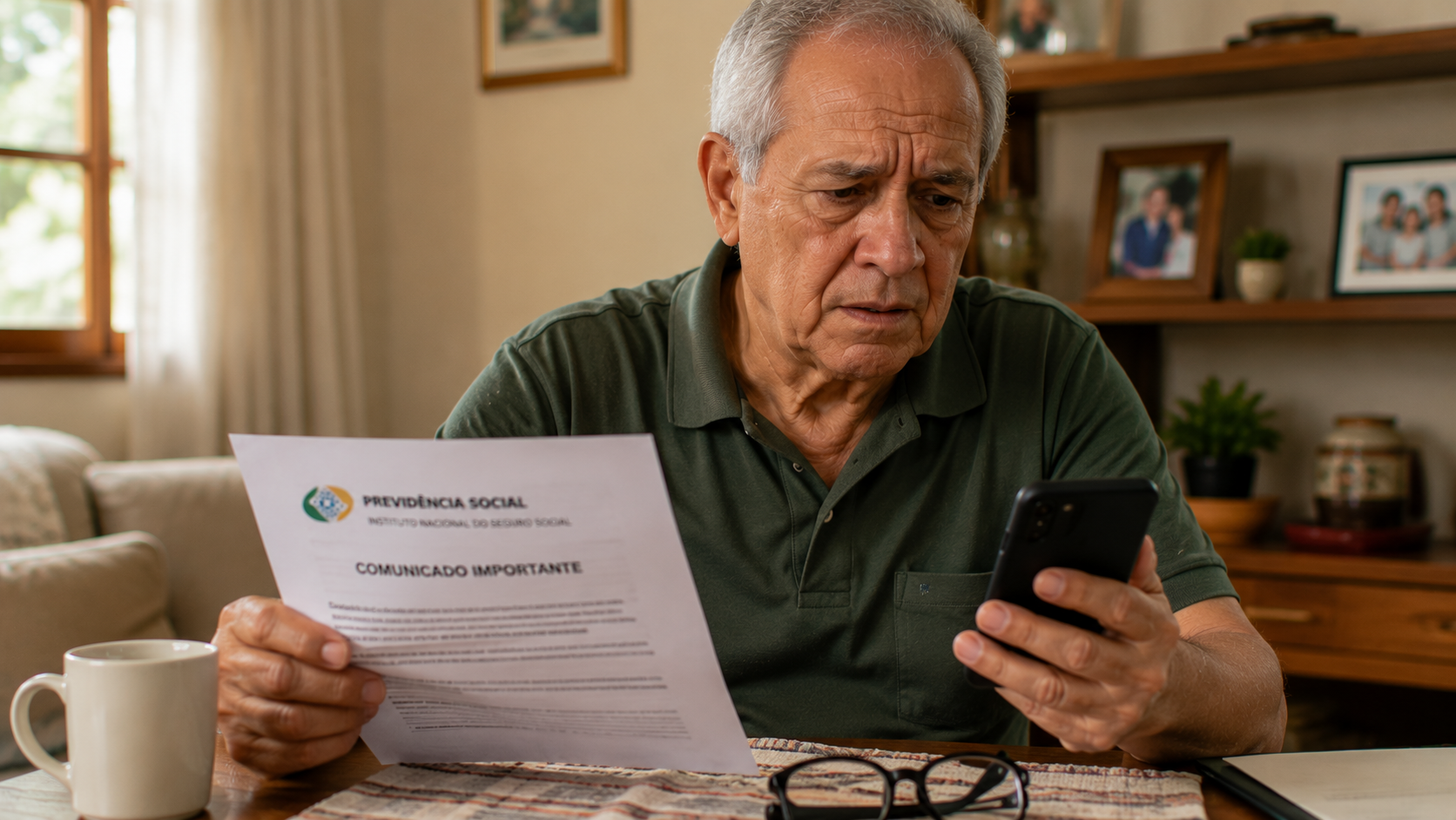 Idoso preocupado lendo notificação de suspensão do BPC no celular