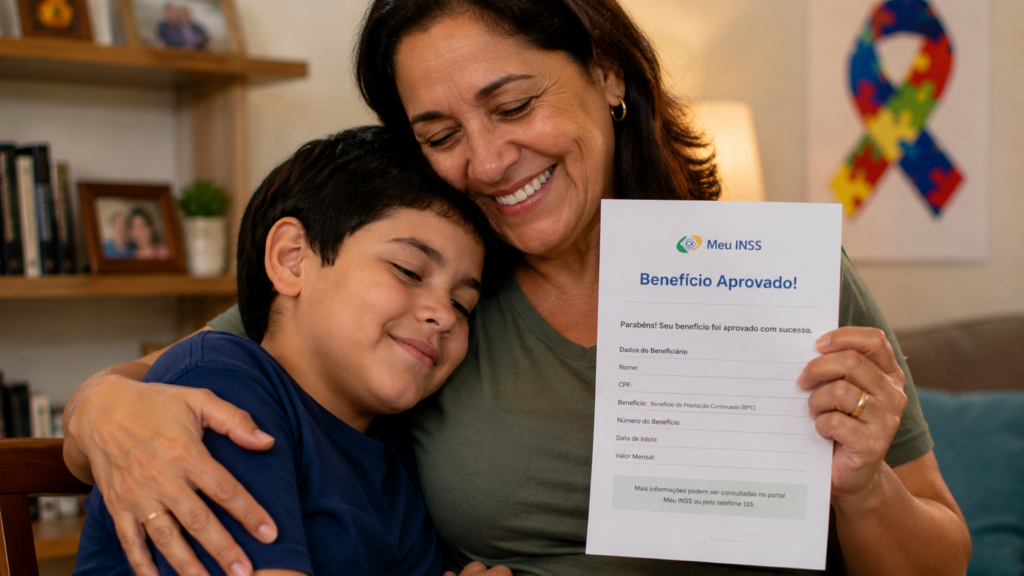 Mãe abraçando filho com autismo após aprovação do BPC pelo INSS