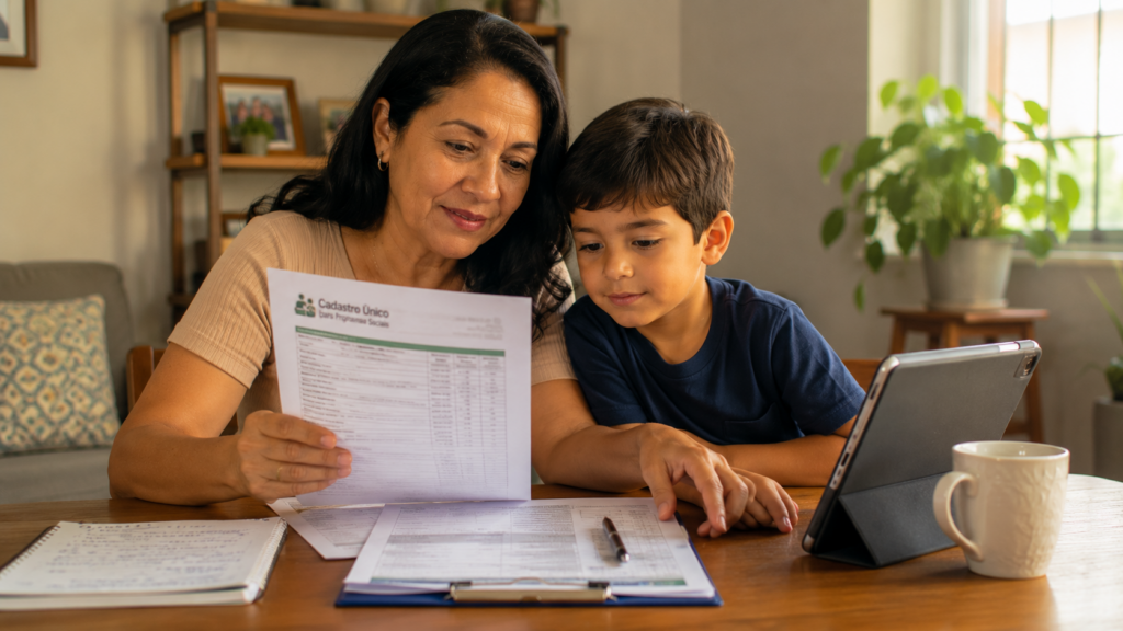Mãe e filho com autismo analisando documentos para solicitar o BPC ao INSS