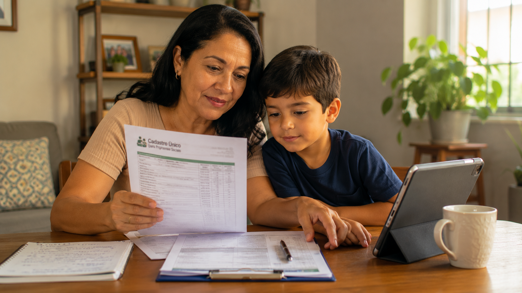 Mãe e filho com autismo analisando documentos para solicitar o BPC ao INSS