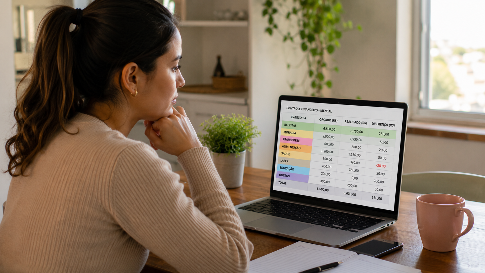 Mulher brasileira analisando planilha financeira no notebook em escritório doméstico organizado