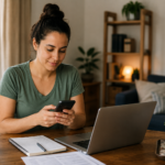 Mulher brasileira morando sozinha em casa, usando o celular enquanto consulta informações sobre o Cadastro Único (CadÚnico).