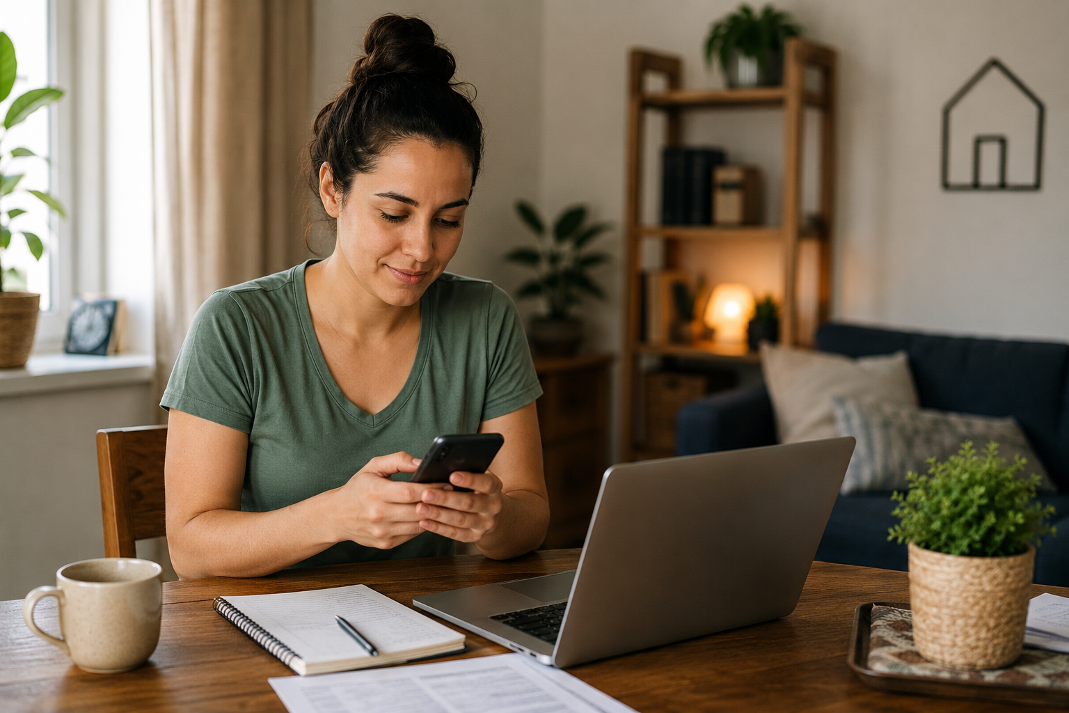 Mulher brasileira morando sozinha em casa, usando o celular enquanto consulta informações sobre o Cadastro Único (CadÚnico).