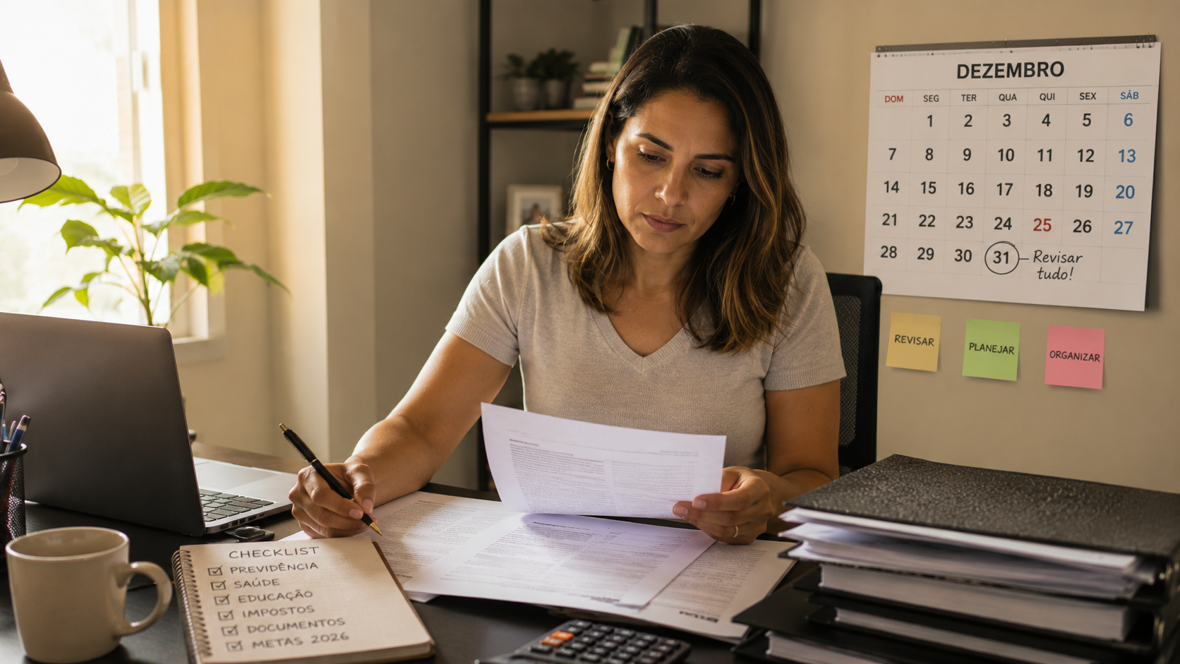 Mulher brasileira revisando documentos financeiros no escritório em casa no fim do ano.
