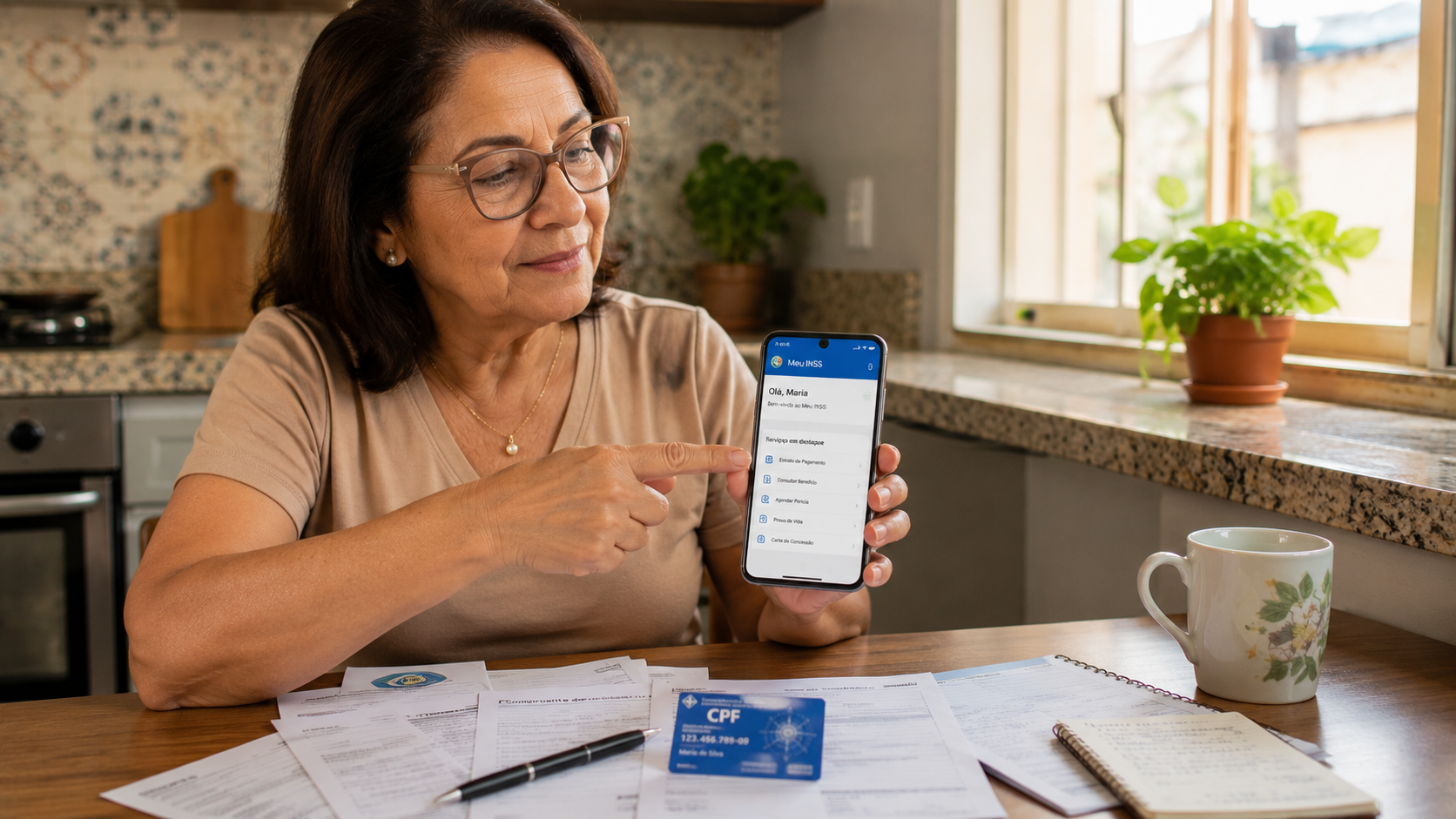 Mulher idosa acessando o aplicativo Meu INSS no celular para solicitar o BPC