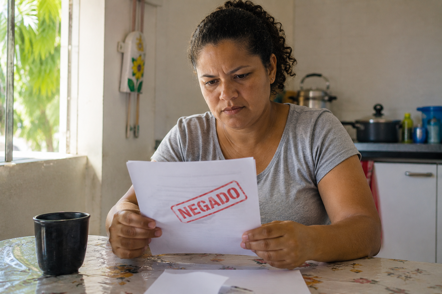 Mulher analisando uma carta de benefício negado em casa, com expressão preocupada, em uma cozinha iluminada por luz natural.