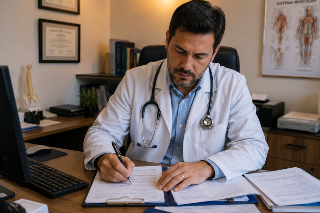 médico elaborando laudo detalhado para perícia do INSS com CID e descrição de limitações funcionais