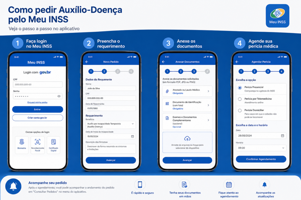 passo a passo do pedido de auxílio-doença pelo app Meu INSS com telas ilustradas